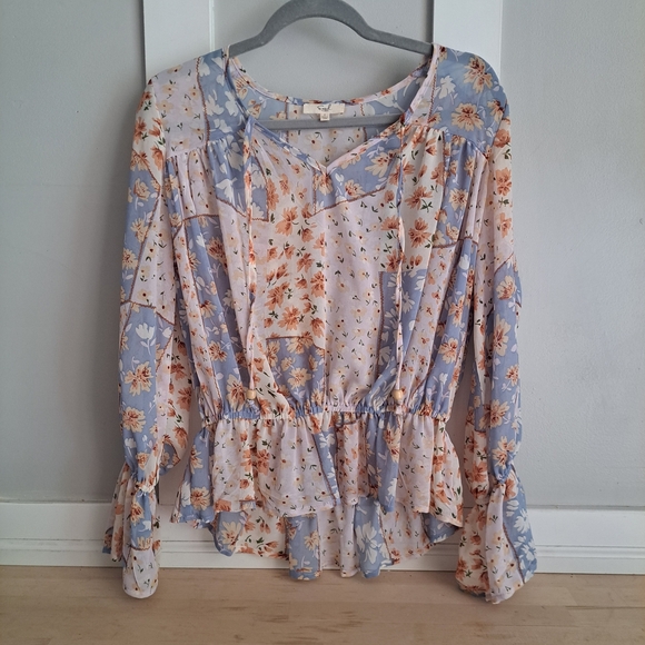 Easel Floral Blouse - Blue and Cream - Picture 1 of 6